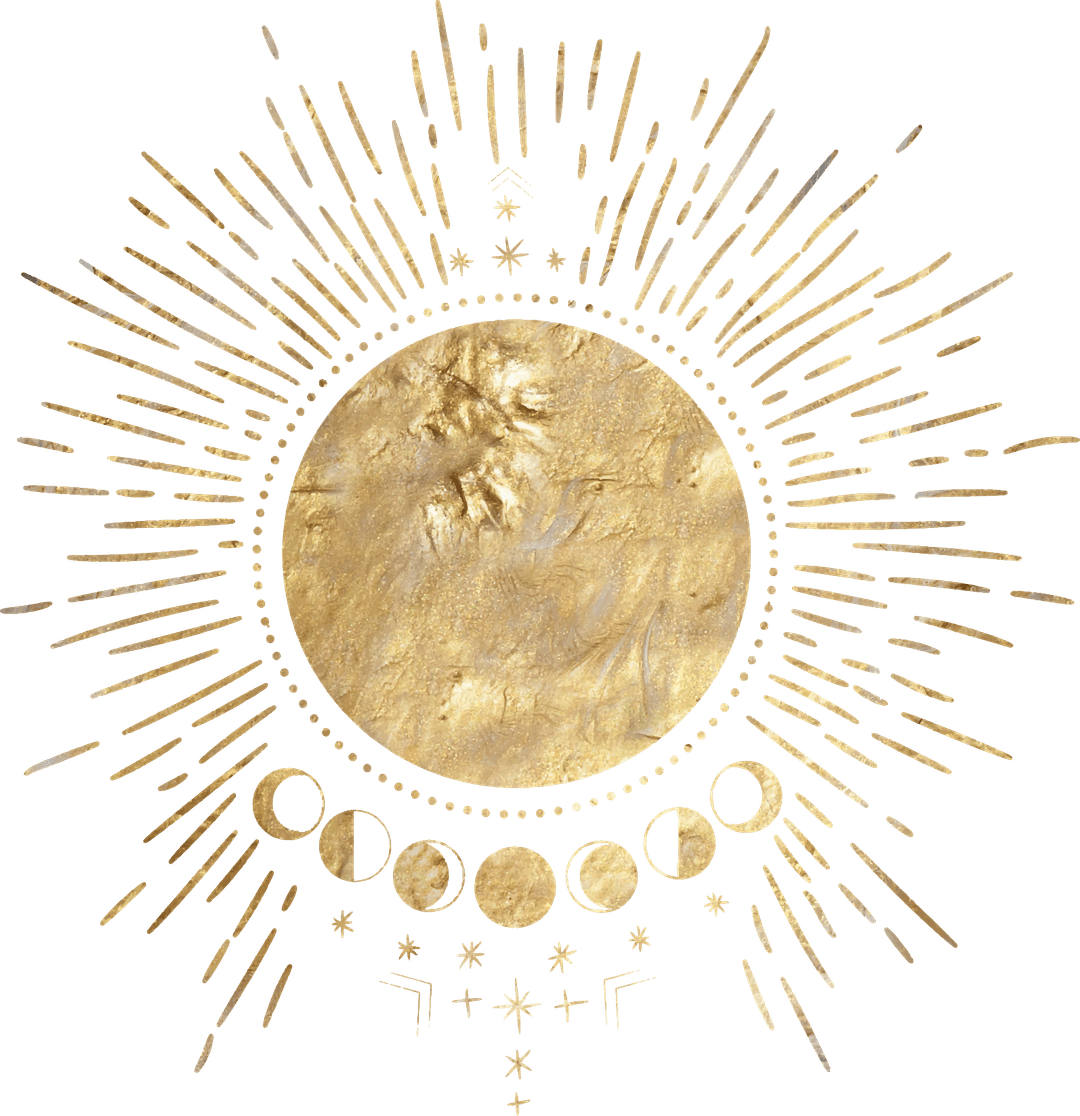 Golden sun with moon phases illustration